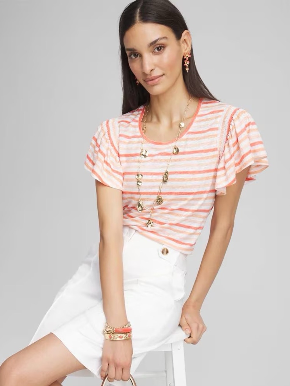 CHICO’S NWT 2 / Women’s L Striped Linen Smocked Flutter-Sleeved Tee Melon Mambo